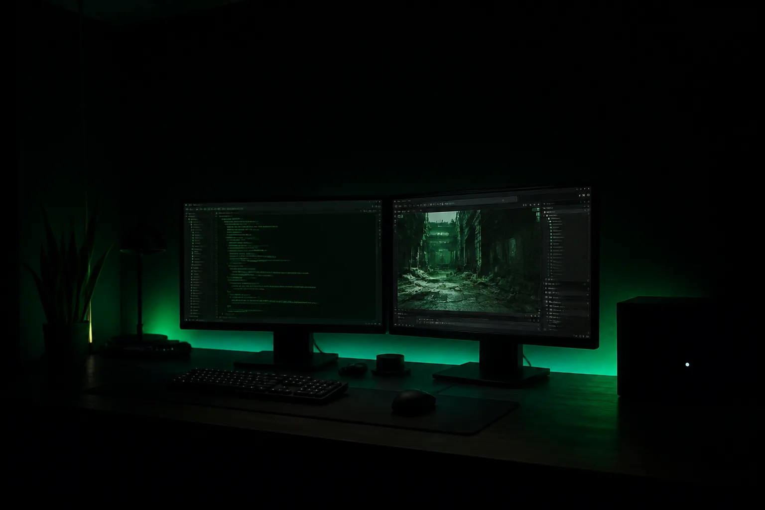 Estudio de desarrollo oscuro con dos monitores y luz verde