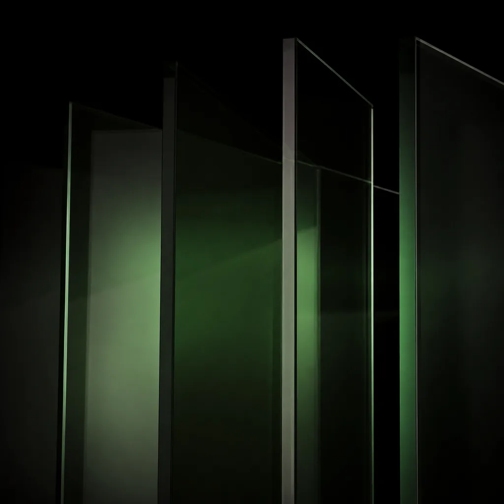 Paneles de vidrio oscuro con luz verde