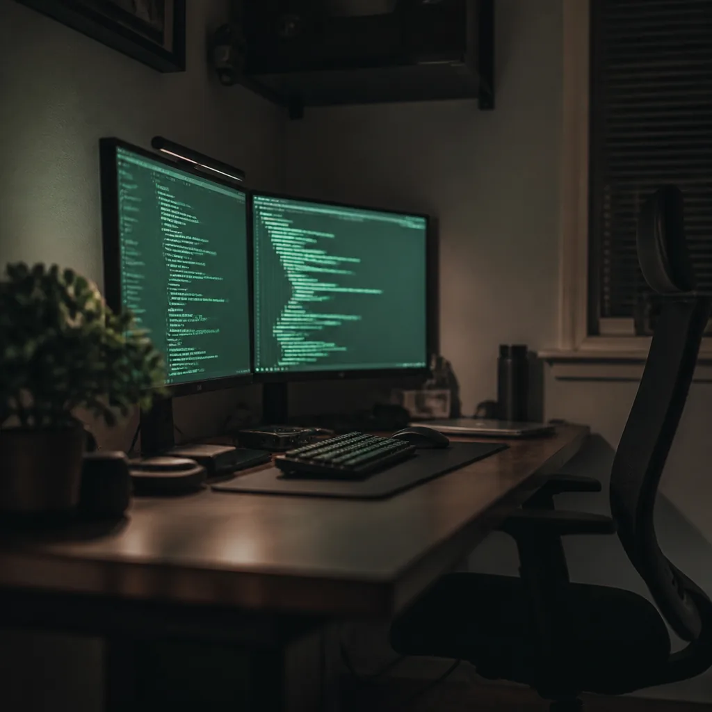 Escritorio con dos monitores mostrando código de noche y luz verde