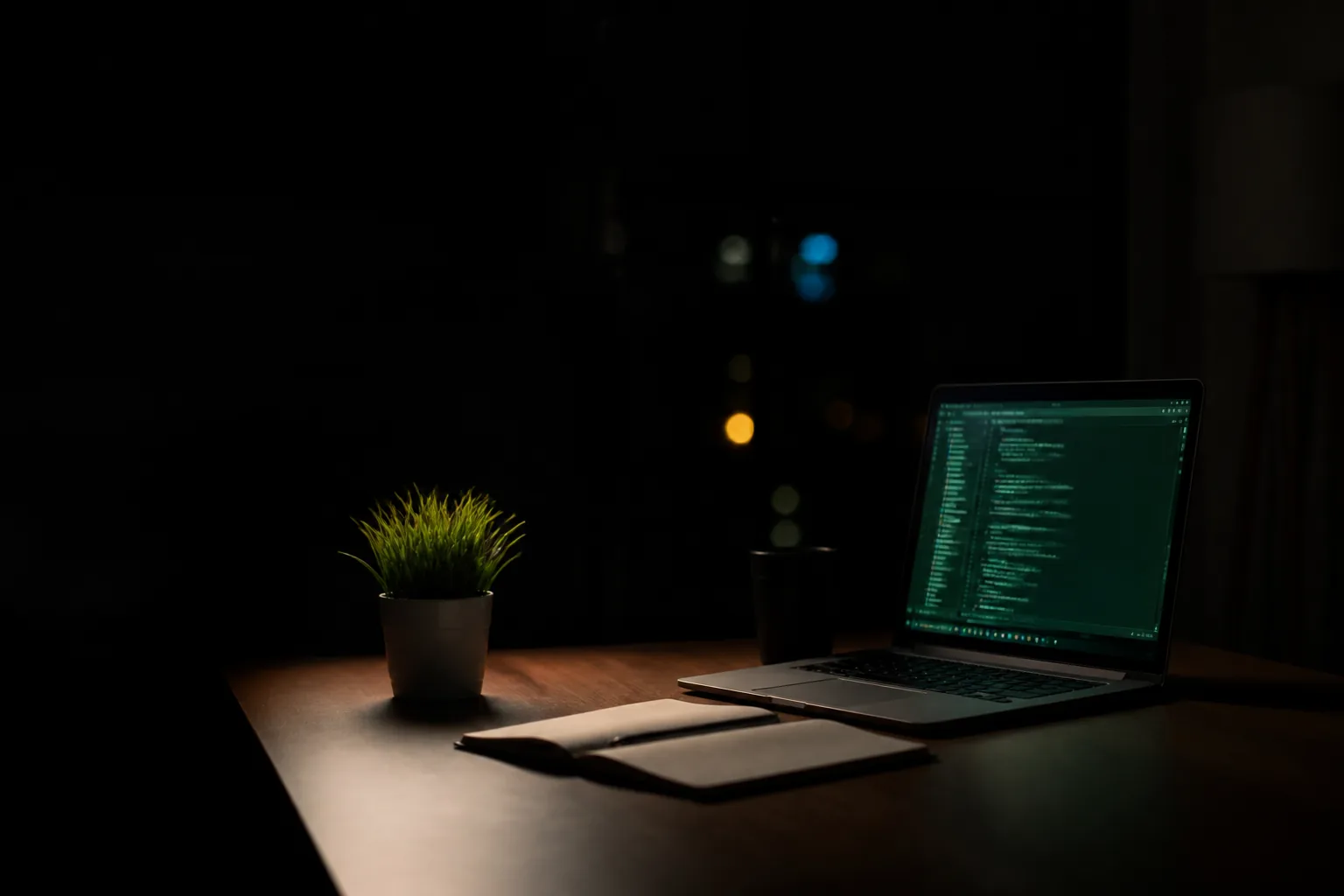Escritorio de desarrollo en penumbra con luz verde tenue