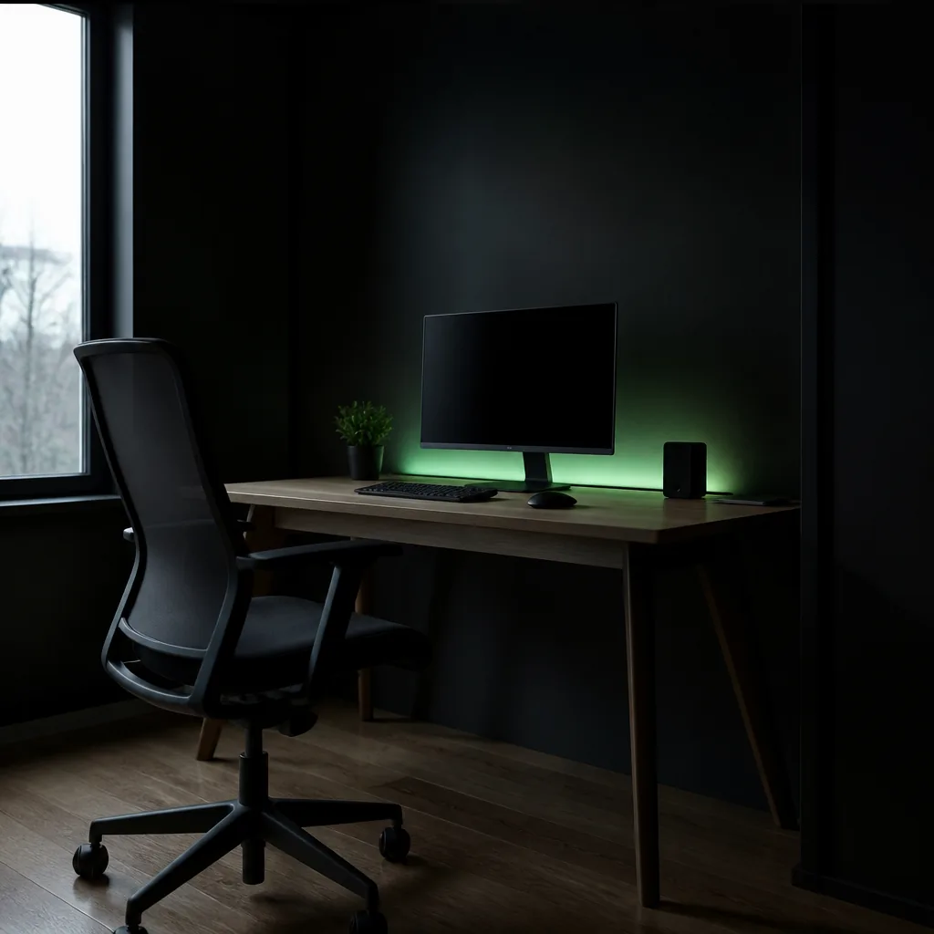 Rincón de estudio con luz verde ambiente